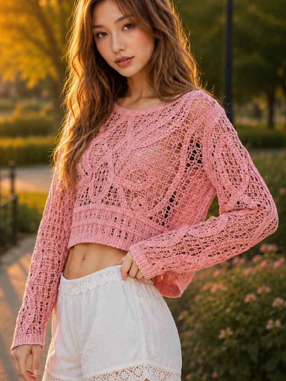 POL Blush Pink Crochet Knit Cotton Crop Sweater Boho Cottagecore Festival NWT